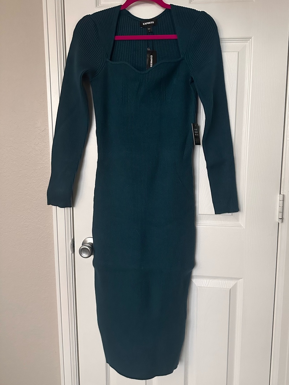 Express Teal Ribbed Long Sleeve Midi Dress